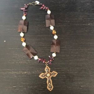 Burgundy, Cat Eye, Wood, and Pearl Necklace